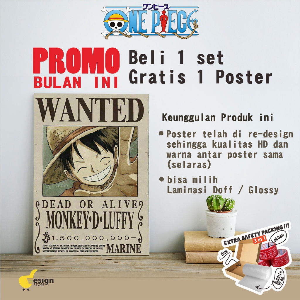 POSTER KAYU HIASAN DINDING DEKOR - BOUNTY POSTER WANTED One Piece Luffy dan Kru