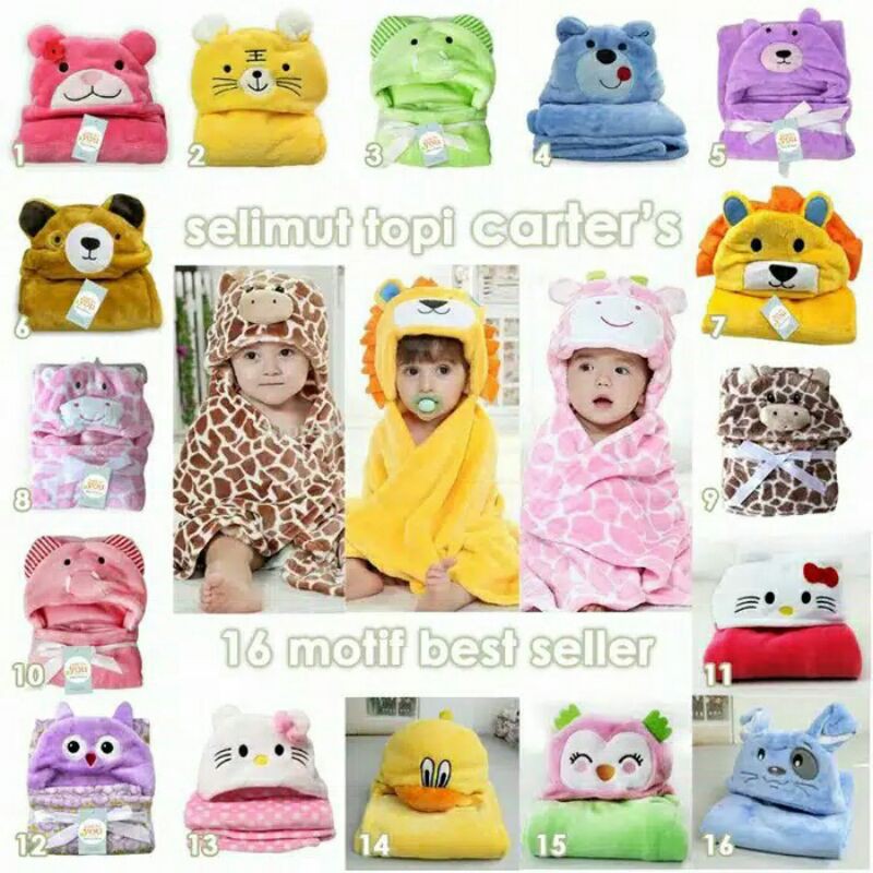 Selimut Topi Bayi CARTER LOVE Karakter Animal Hoodie Blanket Handuk Lembut Baby