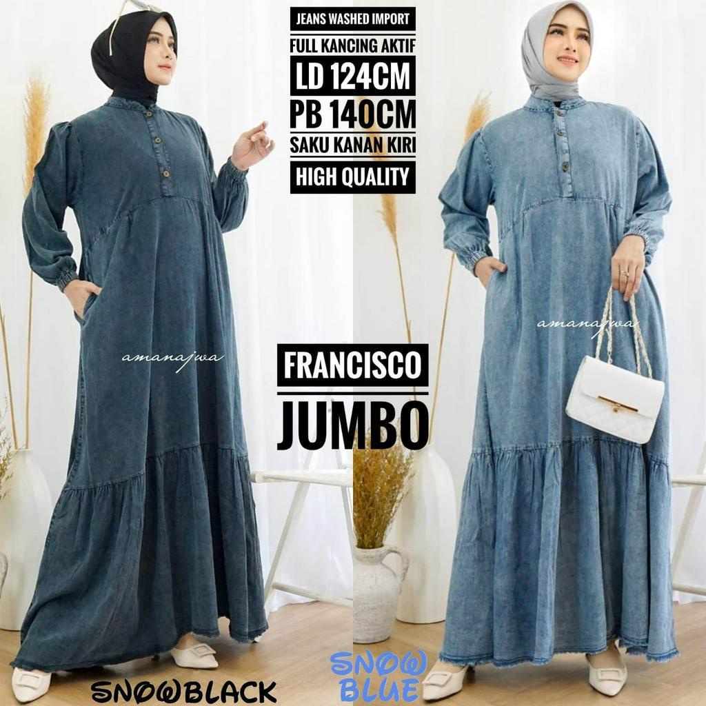 Francisco Gamis Jeans Washed Import Premium Jeans Wanita busui Gamis Jeans Super Jumbo Terbaru 2023