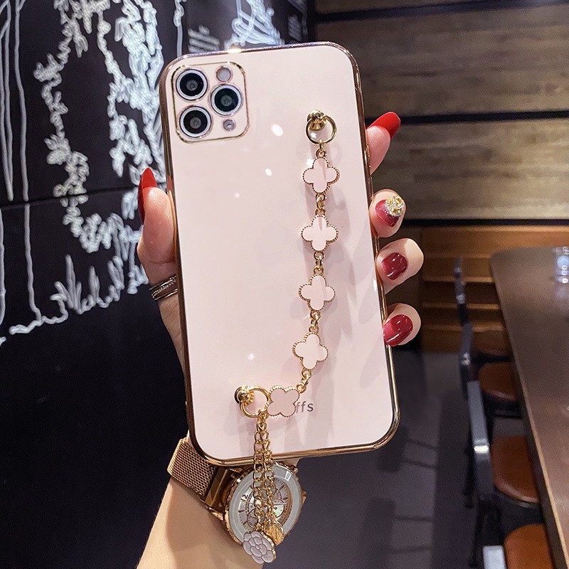 Soft Case Bahan Akrilik Motif Daun Clover Dengan Tali Pergelangan Tangan Untuk Iphone 11 Pro Max Xs Xr Max 6 6s 7 Plus 8 Plus