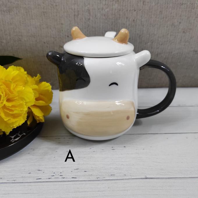 Mug keramik Cute COW 3D / gelas minum sapi tutup moo belang lucu - A
