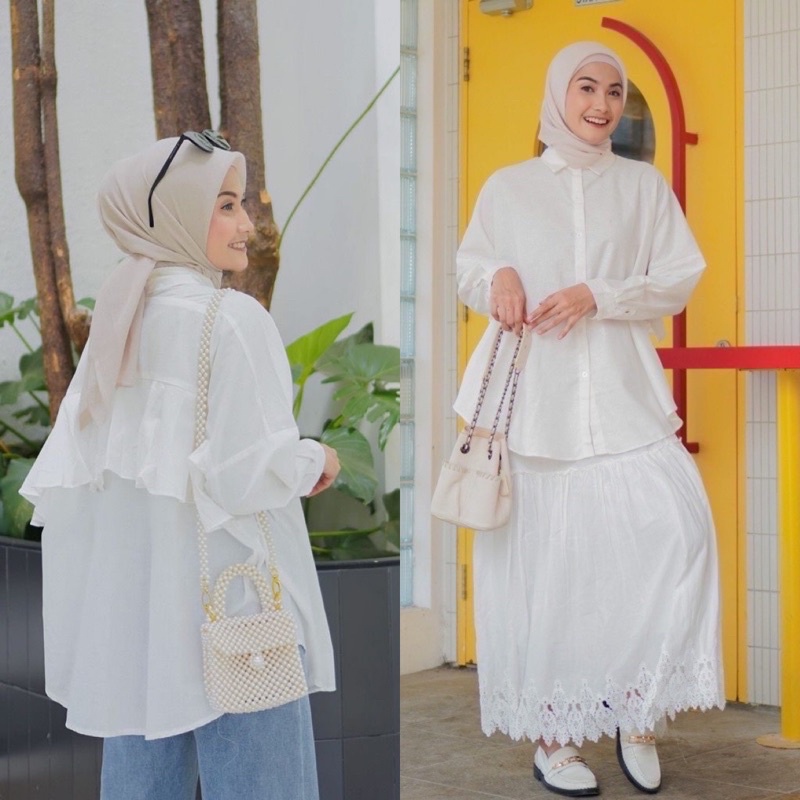 MONOCHROME OVERSIZE BLOUSE MOTIF - ATASAN RAYON FULL KANCING JUMBO / ATASAN RAYON KOMBINASI-RUFFLE BACK WHITE