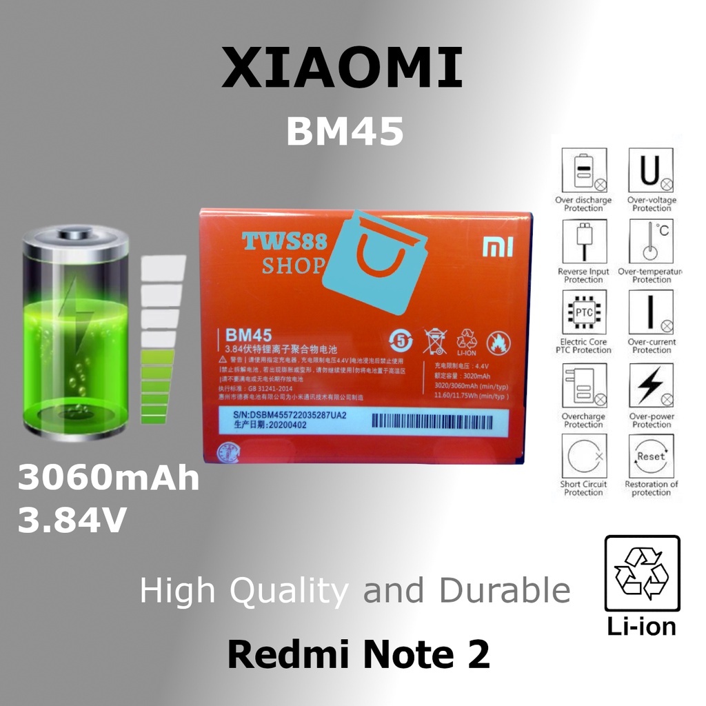 (TWS) Baterai Batre Battery Original Xiaomi Redmi Note 2/ BM45