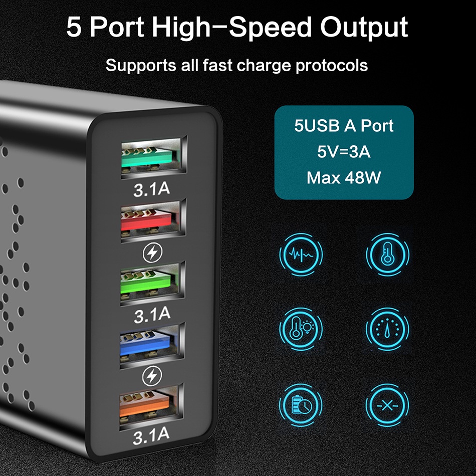 5USB Charger Fast Charge 5V3A Max 48W