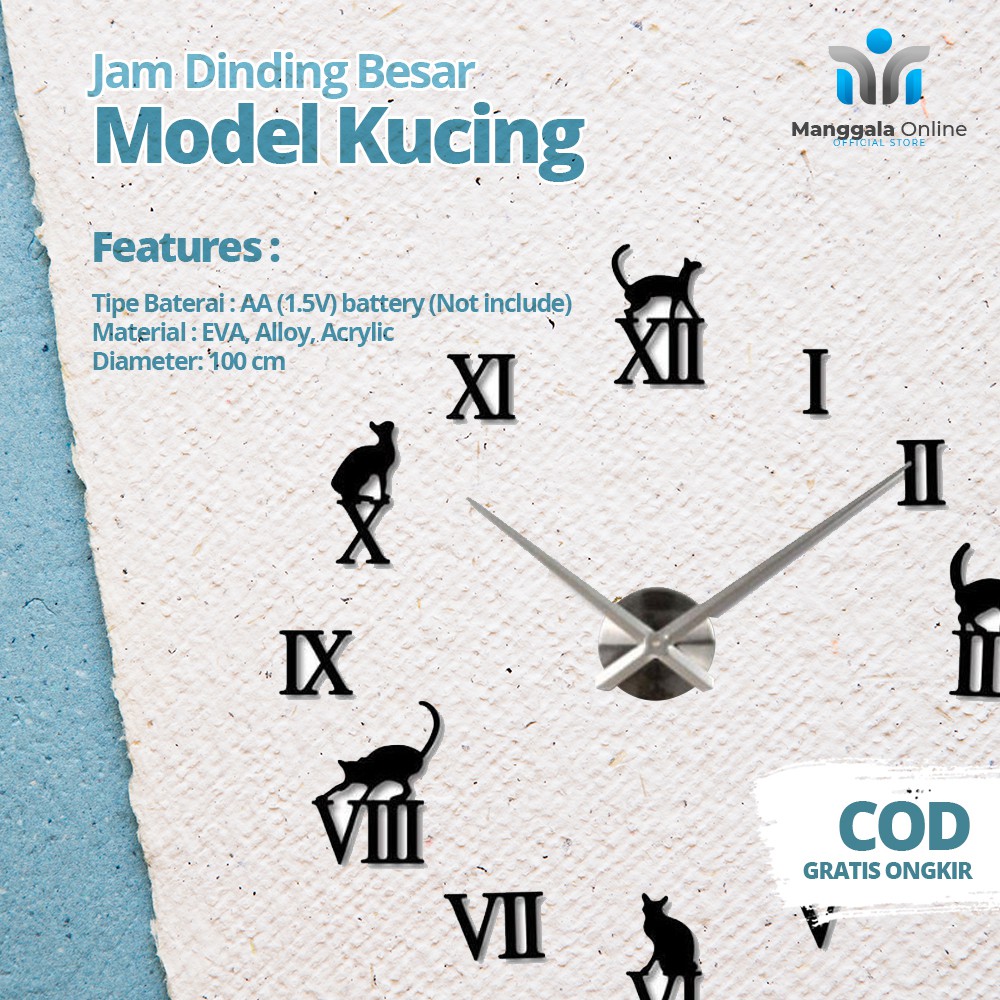 JAM DINDING BESAR DIY GIANT WALL CLOCK QUARTZ CREATIVE DESIGN MODEL KUCING LUCU - DIY-203 - SILVER