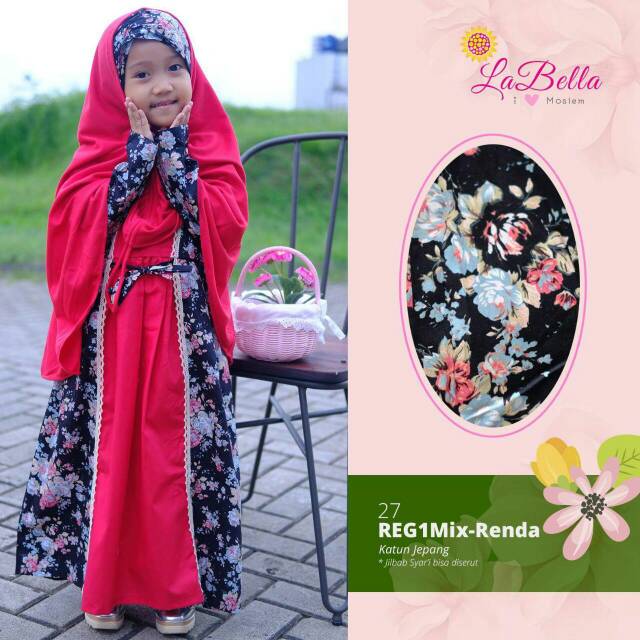 Gamis labella // pakaian anak muslim// baju anak muslim labella bahan katun jepang Reg1-Mix Renda 27