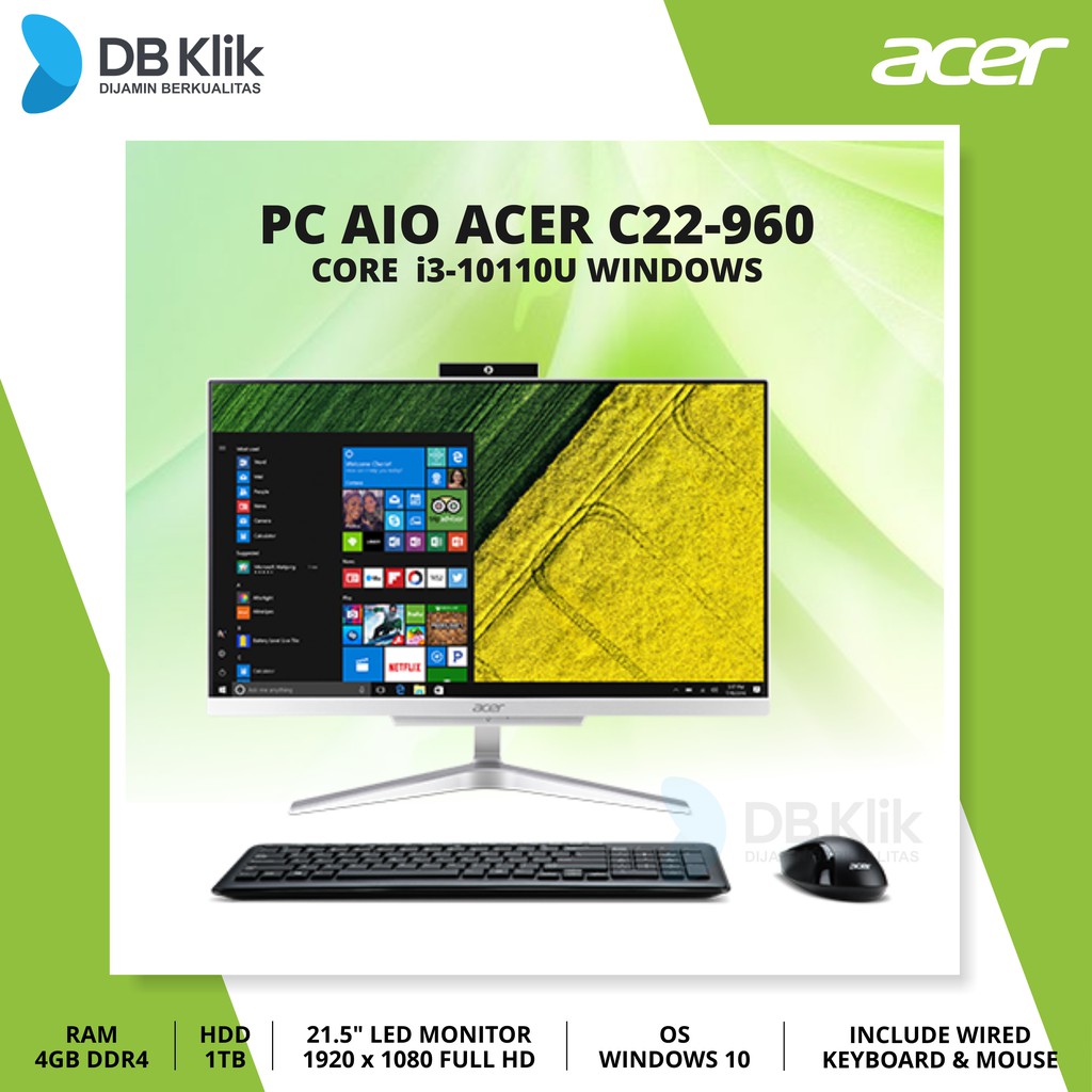 PC AIO Acer C22-960 i3-10110U 4GB 1TB | Windows 10 21.5 Inch No DVD