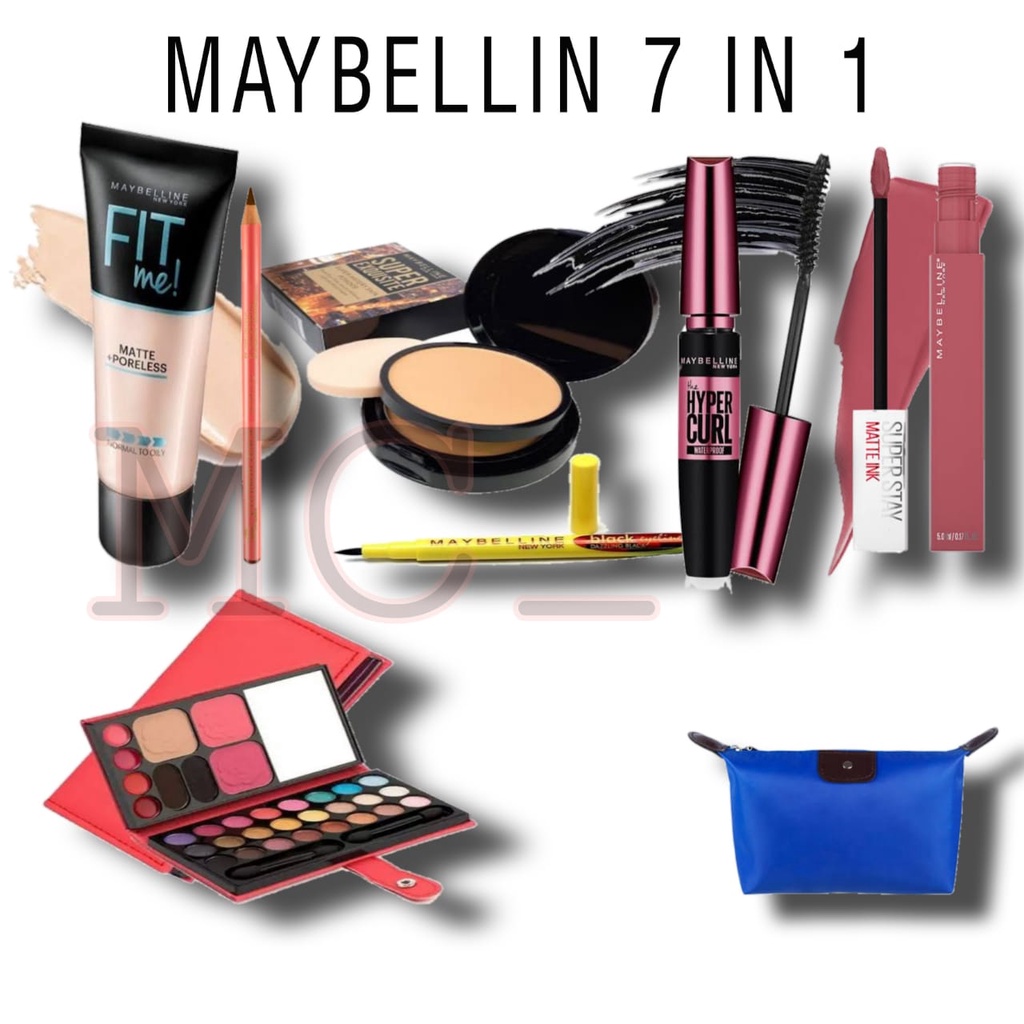 Paket Maybelline 7in1 Komplit - Foundation-Bedak-Mascara-Eyeshadow-Lipcream-Eyeliner-Pensil Alis