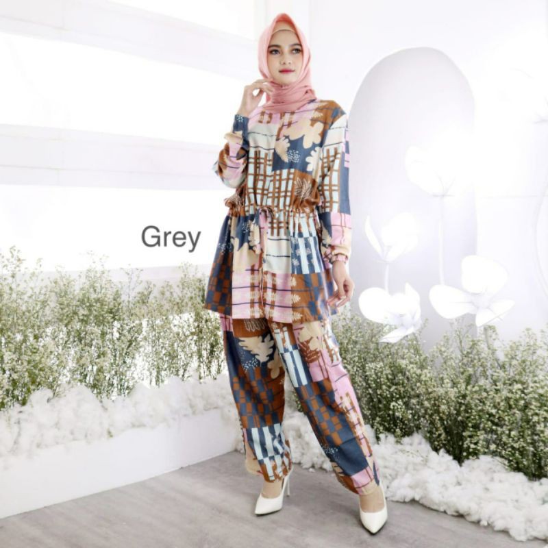 baju setelan celana dan tunik motif cantik/setcel Busui/setcel jumbo/bahan maxmara Lux premium impor