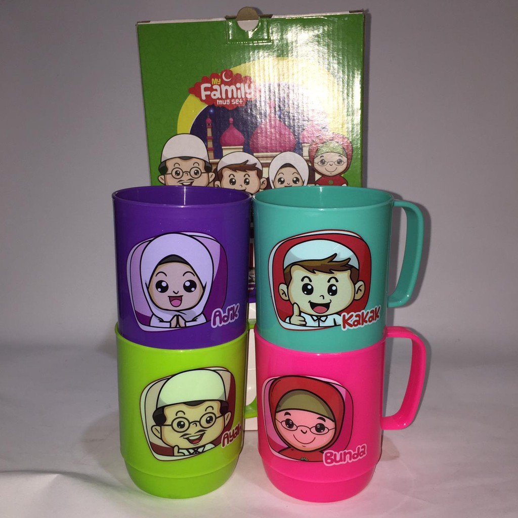 Gelas Cangkir Minum Set Gelas Keluarga Set Motif Cartoon 350ml Gelas Air Kopi Mug Family Set isi 4pcs