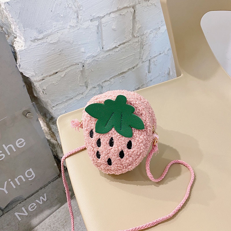 HappyOliver STRAWBERRY FUR BAG tas import resleting model hand bag anak perempuan