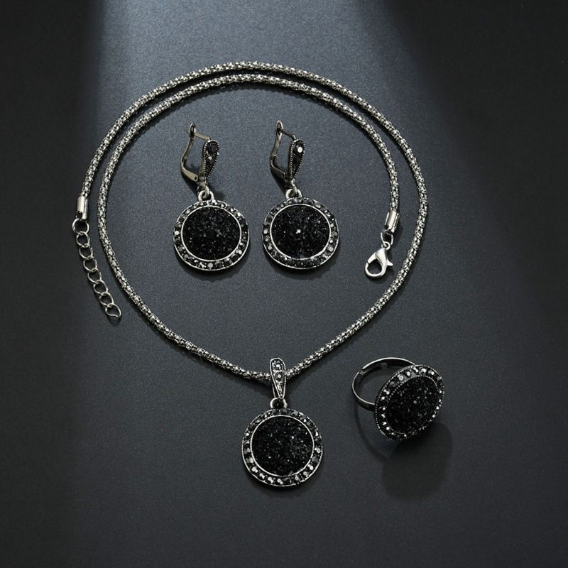 SIY  1 Set Black Round Rhinestone Necklace Earrings Ring Wedding Jewelry Sets Women