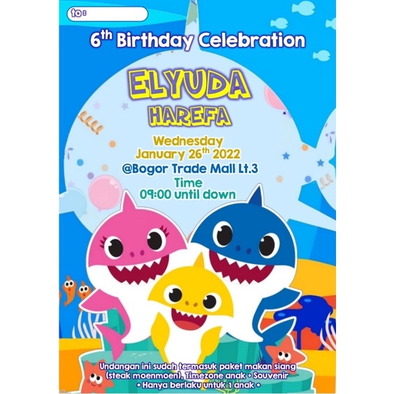Undangan ulang Tahun Anak tema Baby Shark 2 (include plastik)