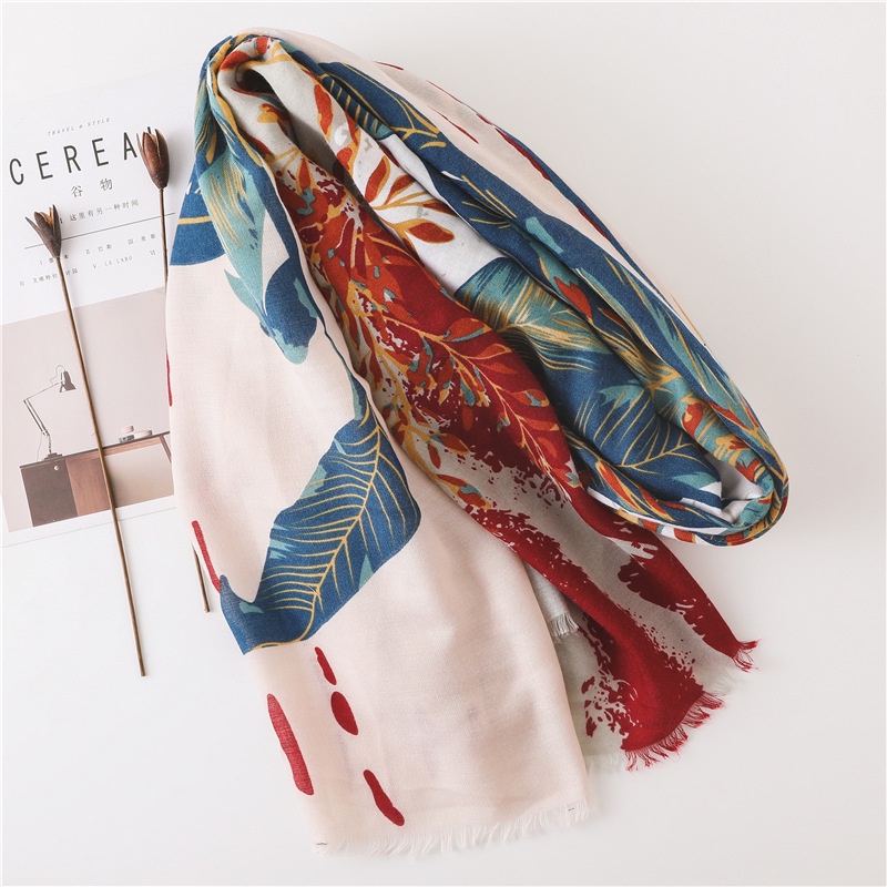 ITSFRIDAY YARA Scarf  - Premium Pashmina Shawl Selendang Syal Pasmina Hijab Import Motif Daun Abstrak Cream Biru Oren Merah