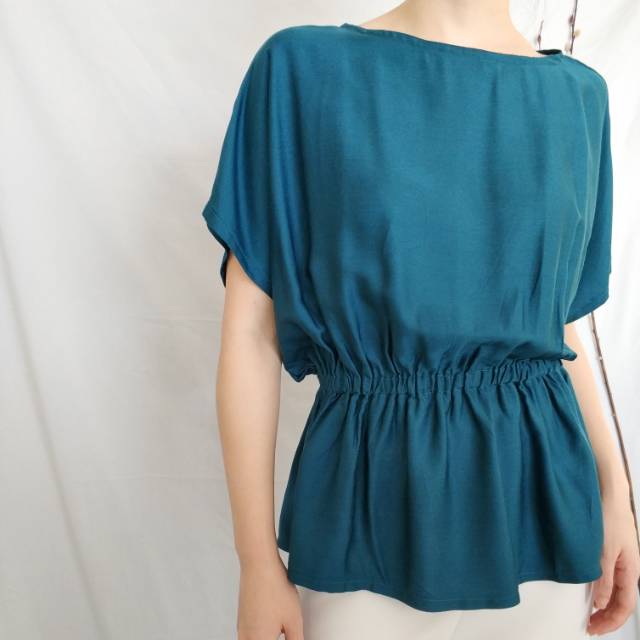 Atasan Blouse Lengan Pendek dengan Karet Pinggang All Size Katun Rayon Waisted Top Hijau