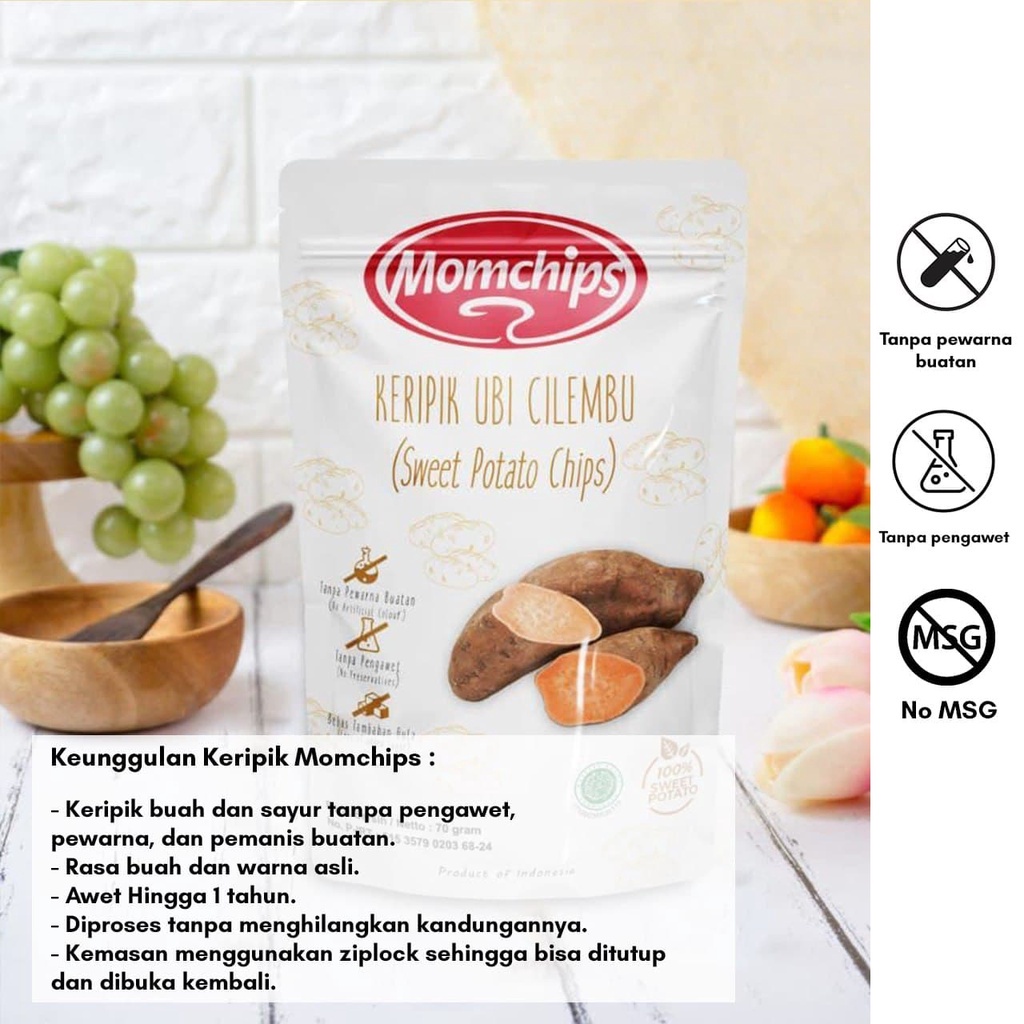 Keripik Ubi Cilembu Momchips Cemilan Sehat Keluarga Snack Sehat Buah dan Sayur GLUTEN FREE 70gr