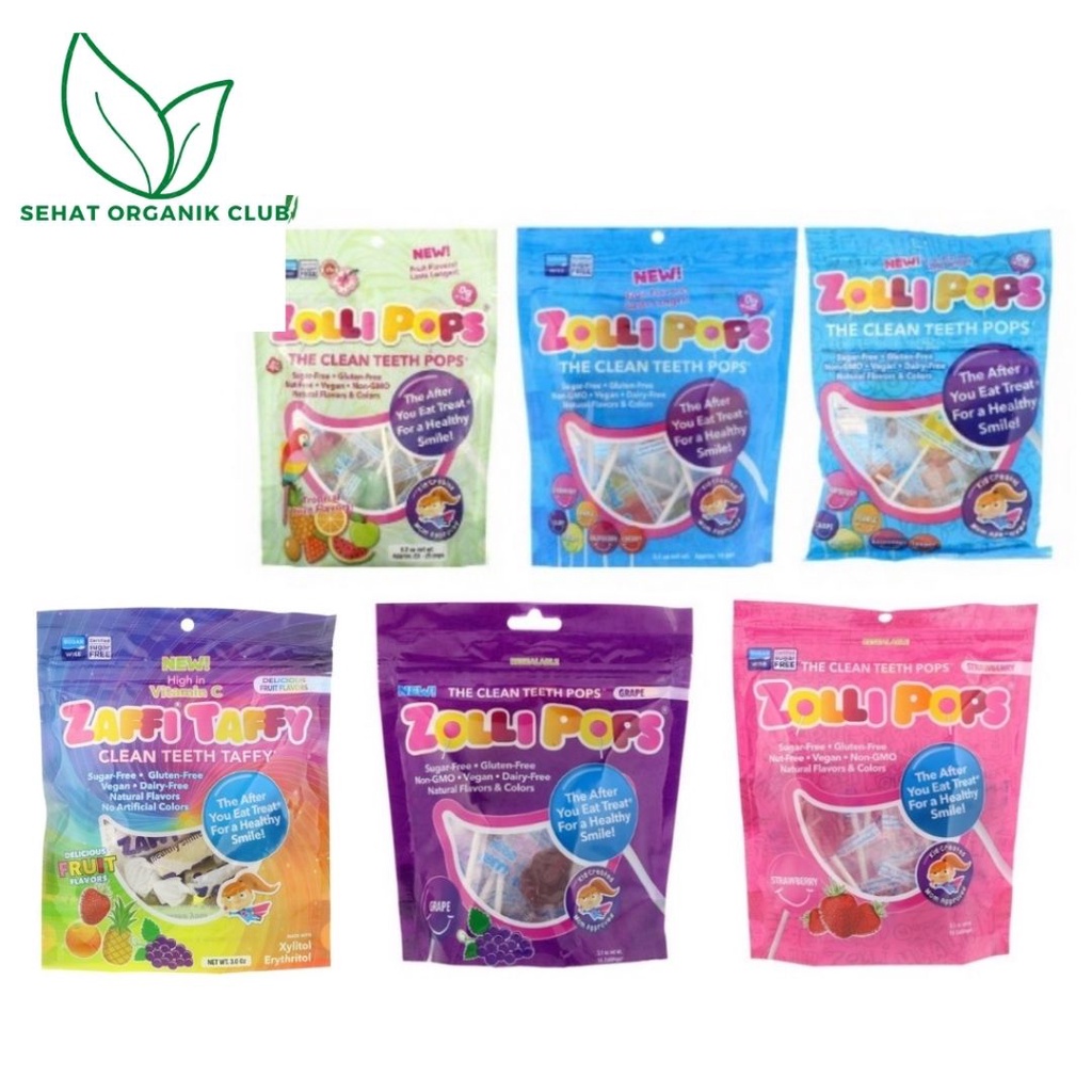 

Zollipops The Clean Teeth Pops 15 Pops; 25 Pops; Tropical Fruit 25 pops; Grape ; Strawberry 15 Pops ; Zaffi Taffy Delicious Fruit Flavor 3.0 oz ; Zollipops The Clean Teeth Pops Assorted 5.2 oz