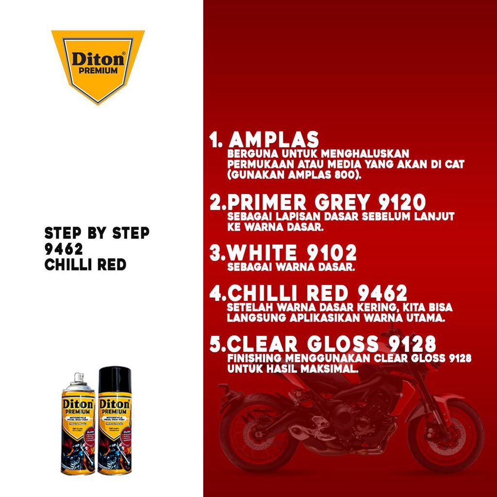Pilox Diton Premium Chili Red 9462 400ml Warna Merah Cabe Cili Ret Solid motor mobil helm pylok pylox pilok