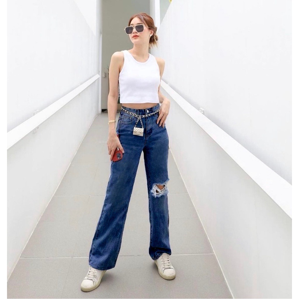 VITAJEANS - Celana Panjang Kulot Jeans Highwaist Sobek Long BF Ishika Loose Jeans