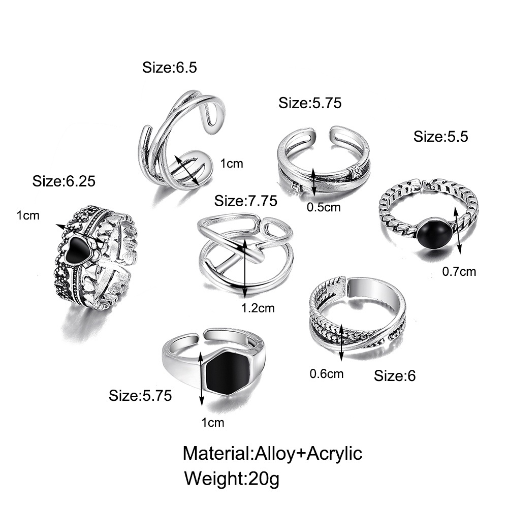 7pcs / Set Cincin Silver Model Terbuka Hollow Hias Kristal Hitam Gaya Vintage Untuk Wanita