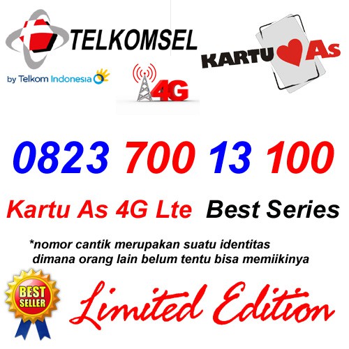 Nomor Cantik As 0823 700 13 100 Kartu Perdana Telkomsel 4G LTE
