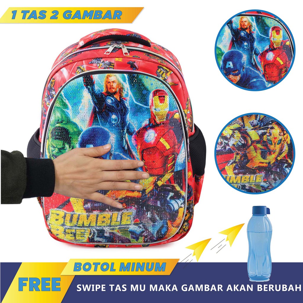 Tas Ransel USAP Anak Laki - Laki AVENGERS &amp; TRANSFORMERS - Tas Ransel Model Usap / Swipe + Botol