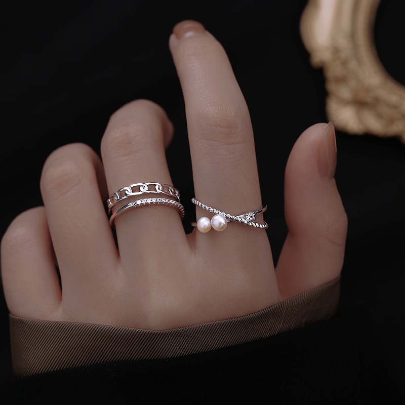 Versi Korea Kecil Berlian Bintang Cincin Kepribadian Kreatif Terbuka Cross Geometris Zirkon Cincin Wanita Double Bersama Cincin