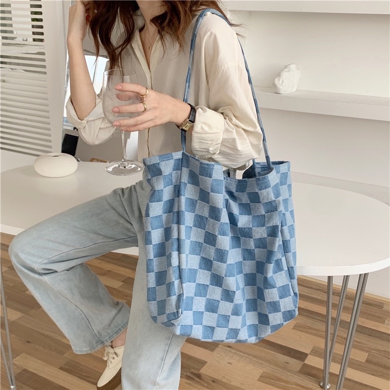 KOREAN DENIM CHECKER TOTE BAG TAS BAHU DENIM JEANS