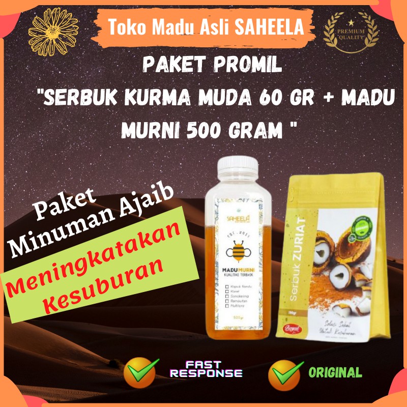 

Paket Promil “Serbuk Zuriat 250 gr Madu Murni 500 gr Saheela” ROYAL DATES | Bubuk Buah Dzuriat Doum