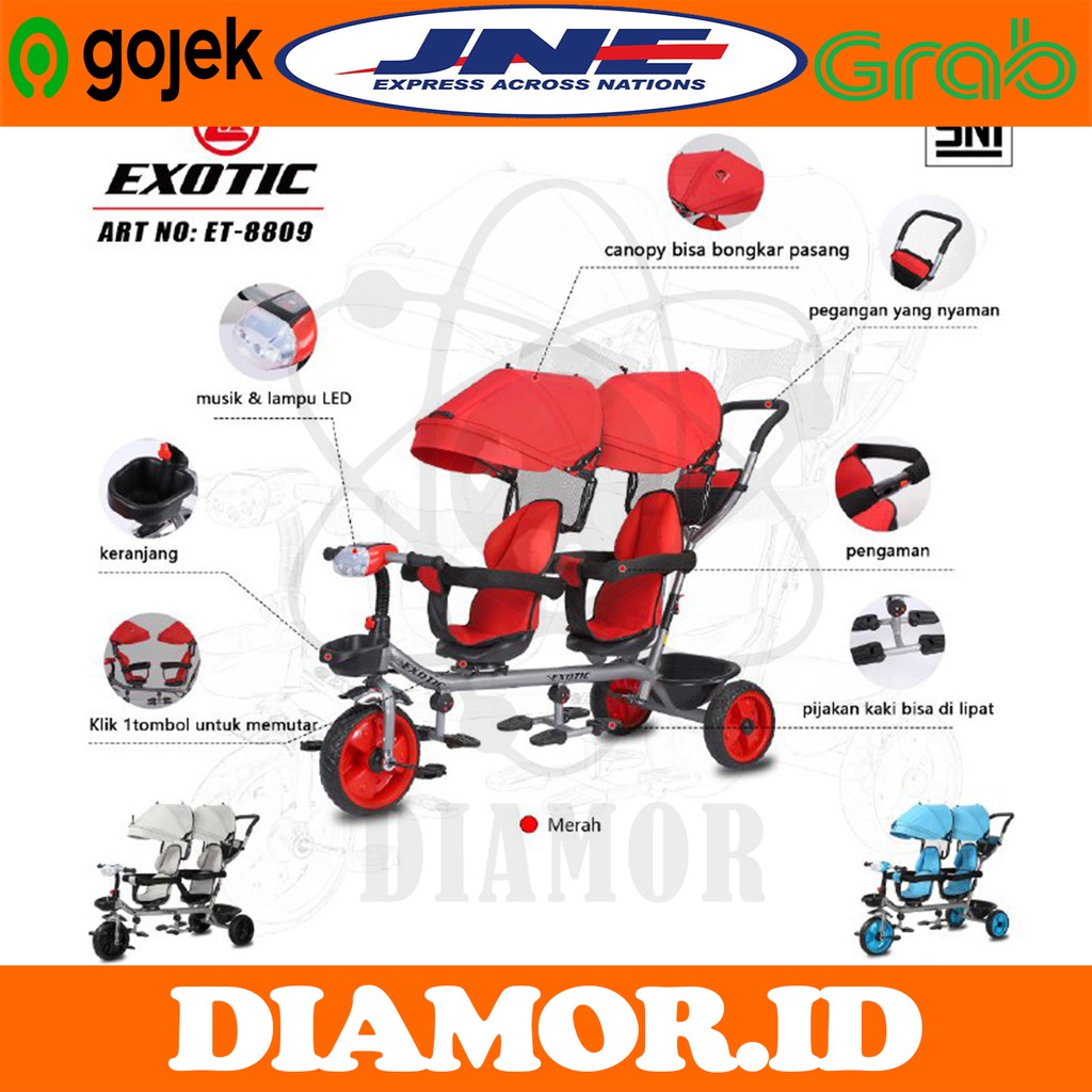 EXOTIC ET 8809 Sepeda Roda 3 Tiga TWINS Kembar Boncengan Kursi Putar Tricycle Stroller Anak