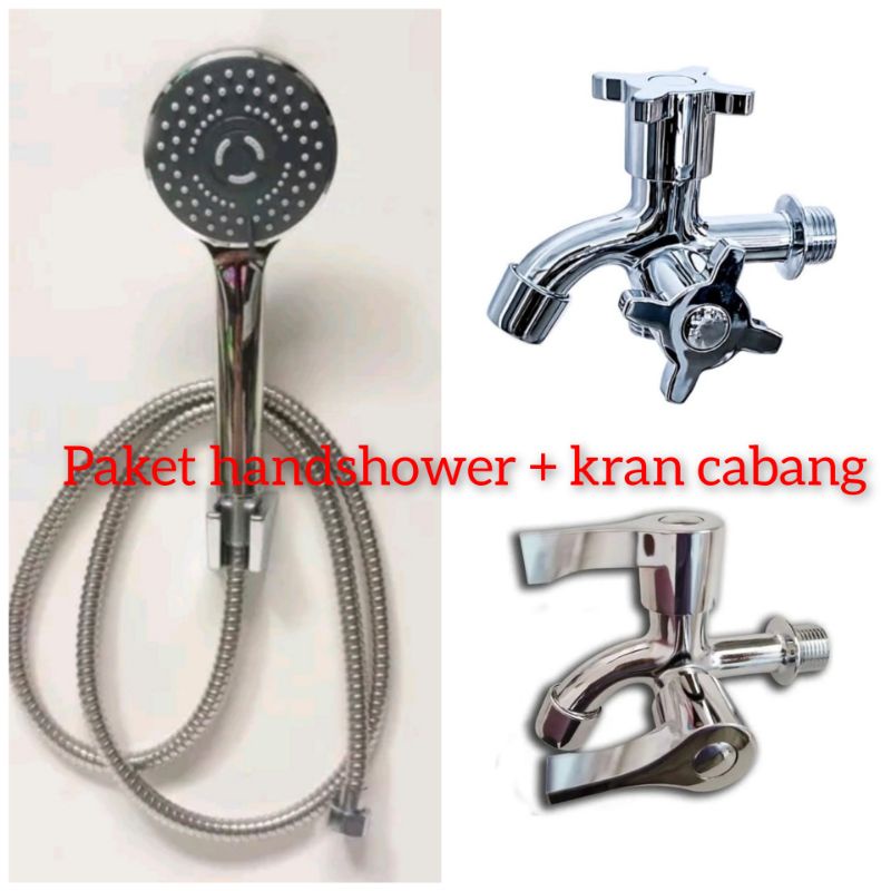 PAKET MURAH HAND SHOWER SET SELANG SHOWER 2 METER  DAPAT KRAN KERAN CABANG DOUBLE KAMAR MANDI