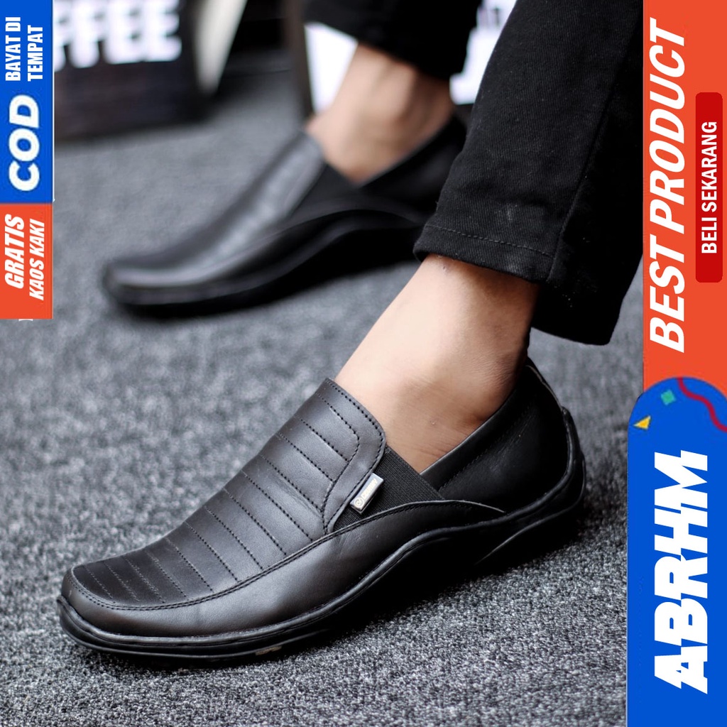 ABRHM Sepatu Formal Pria Kulit Asli Tanpa Tali Pantofel Kerja Kantor