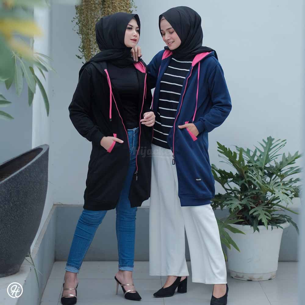 Jaket Jacket Polos Hoodie Panjang Wanita Cewek Hijabers Kekinian Hijacket Fashion Terbaru Hitam & Navy Pink-5