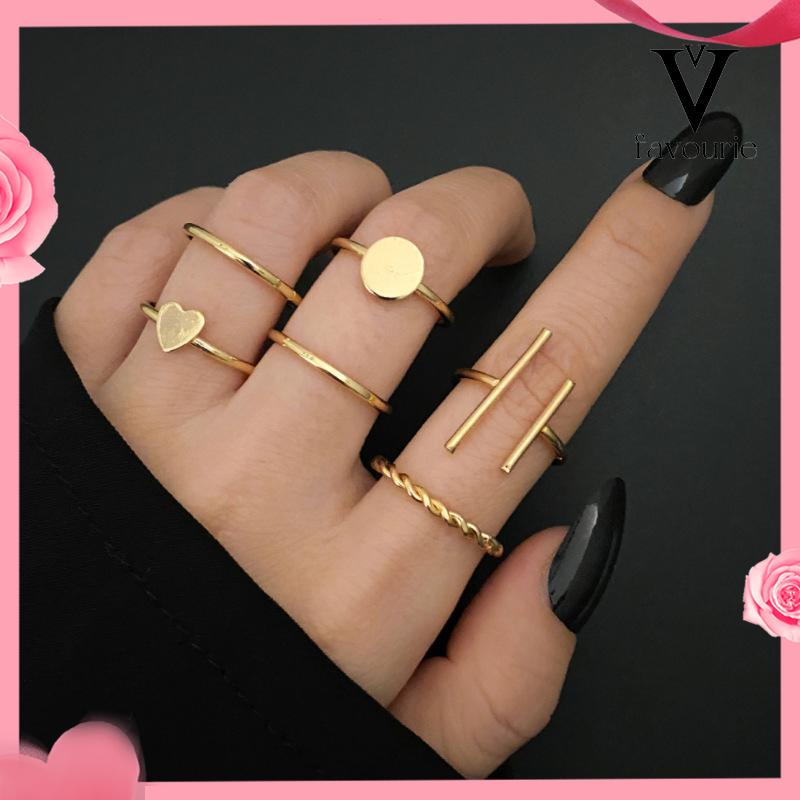 [COD]6 pcs Retro Cincin Cinta Kreatif Gaya Keren Paduan Geometris Bersama Cincin Set-FA