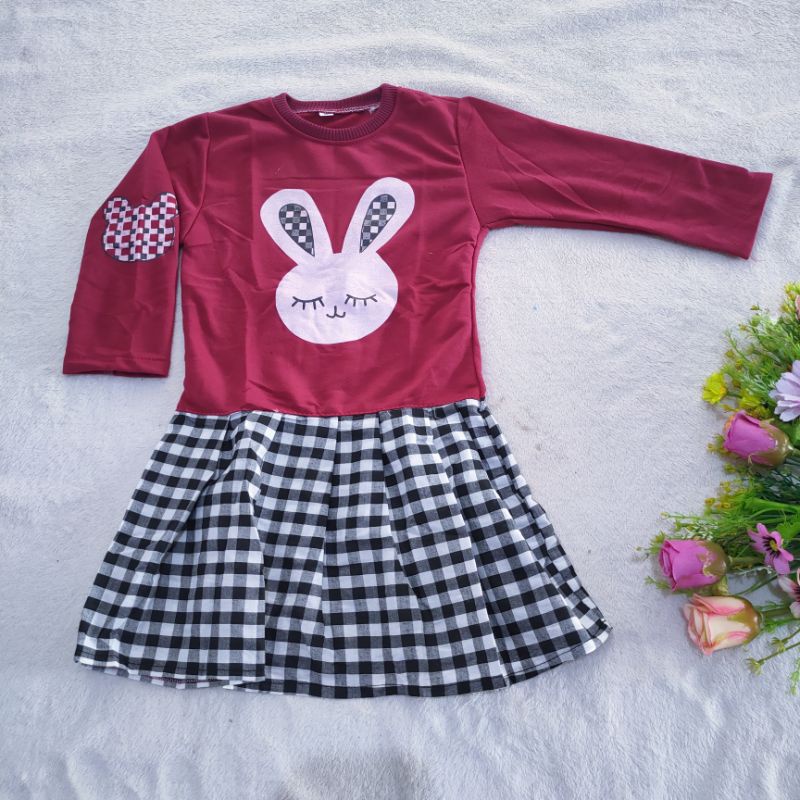 Dress anak 2 3 4 5 Tahun cewek perempuan Dress motif kotak Rabbit Viral kelinci playboy