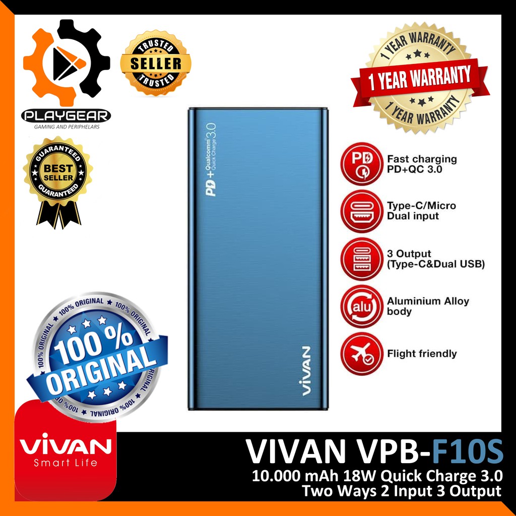 POWERBANK 10.000 MAH QUICK CHARGE 3.0 18 WATT VIVAN F10S ORIGINAL GARANSI RESMI