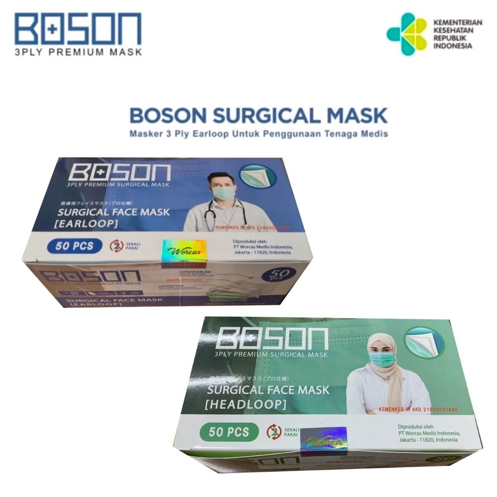 Masker Boson Surgical Mask Earloop Isi 50 Lembar / Masker Boson Surgical Hijab Headloop BOSON