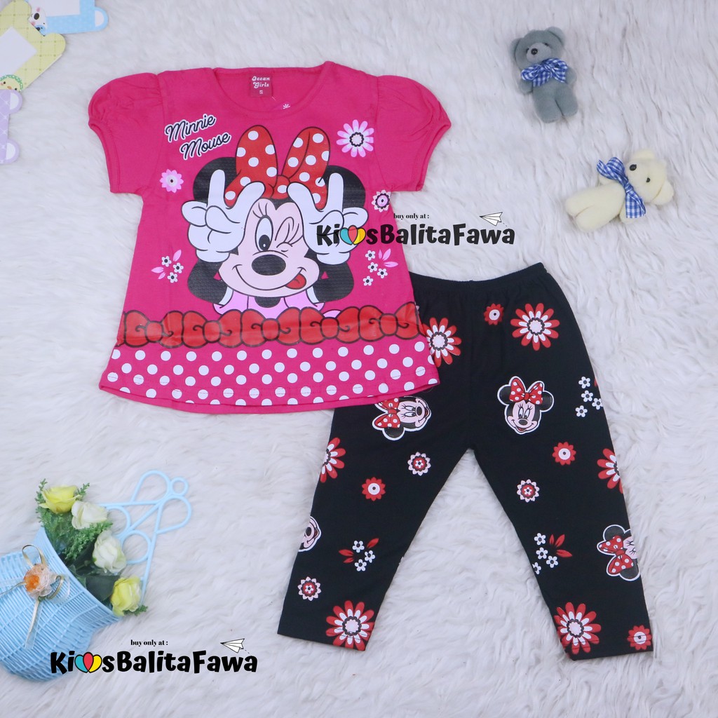 Setelan Mikkey uk 2-6 Tahun / Baju Anak Karakter Legging Perempuan Celana Disney Import