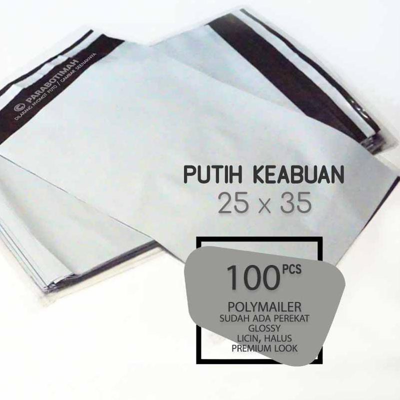 

♥ Polymailer plastik packing 25x35 putih keabuan 100 lbr double layer premium look ready murah Bandu
