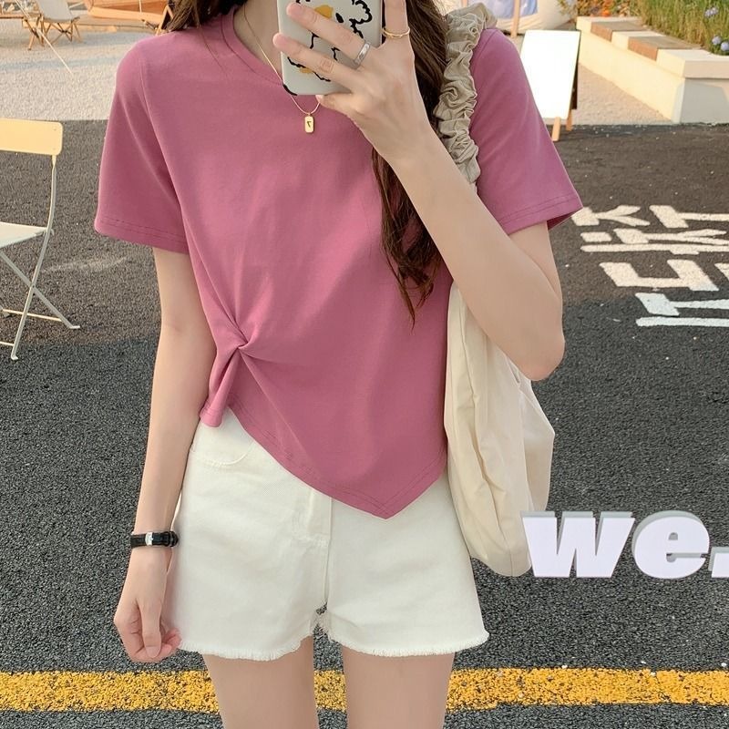 baju atasan wanita import lengan pendek twisted t-shirt korea style kemeja hitam crop blouse