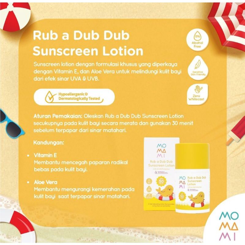 MOMAMI RUB A DUB SUNSCREEN LOTION SPF 50 PA+++ (50ML) / Momami Itsy Bitsy Sun Stick (15gr) - Stik Tabir Surya / UNTUK BAYI DAN ANAK (SUNSCREEN) / sunscreen dalam bentuk stik / trevelling / pelindung sinar matahari / uva / uvb / aman kulit sensitif