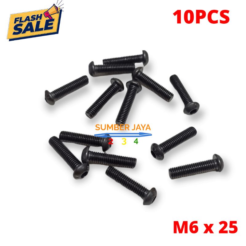 Baut L Button 6x25 hitam baja isi 10 PCS  / M6x25 / baut L 6x25 TERMURAH