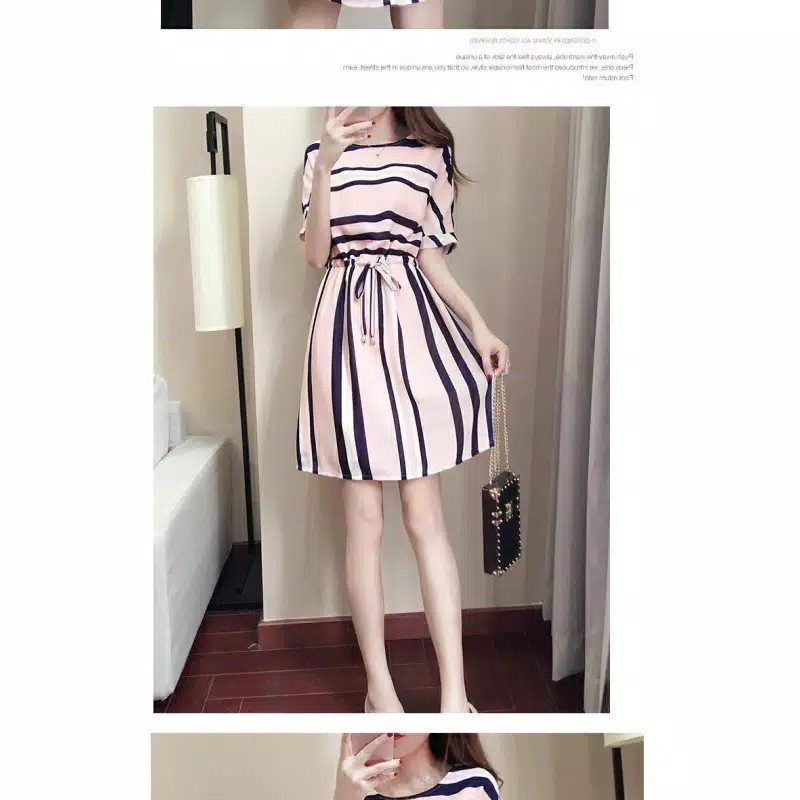 TBI Import Elegant Style Dress M-XXL Stripe Pink Baju Model Korean Style