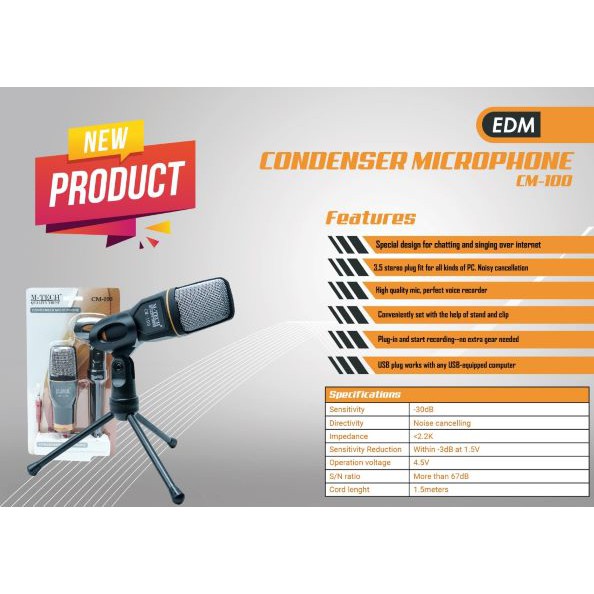 Microphone condenser m-tech wired 3.5mm live recorder with tripod stand mic podcast cm-100 cm100