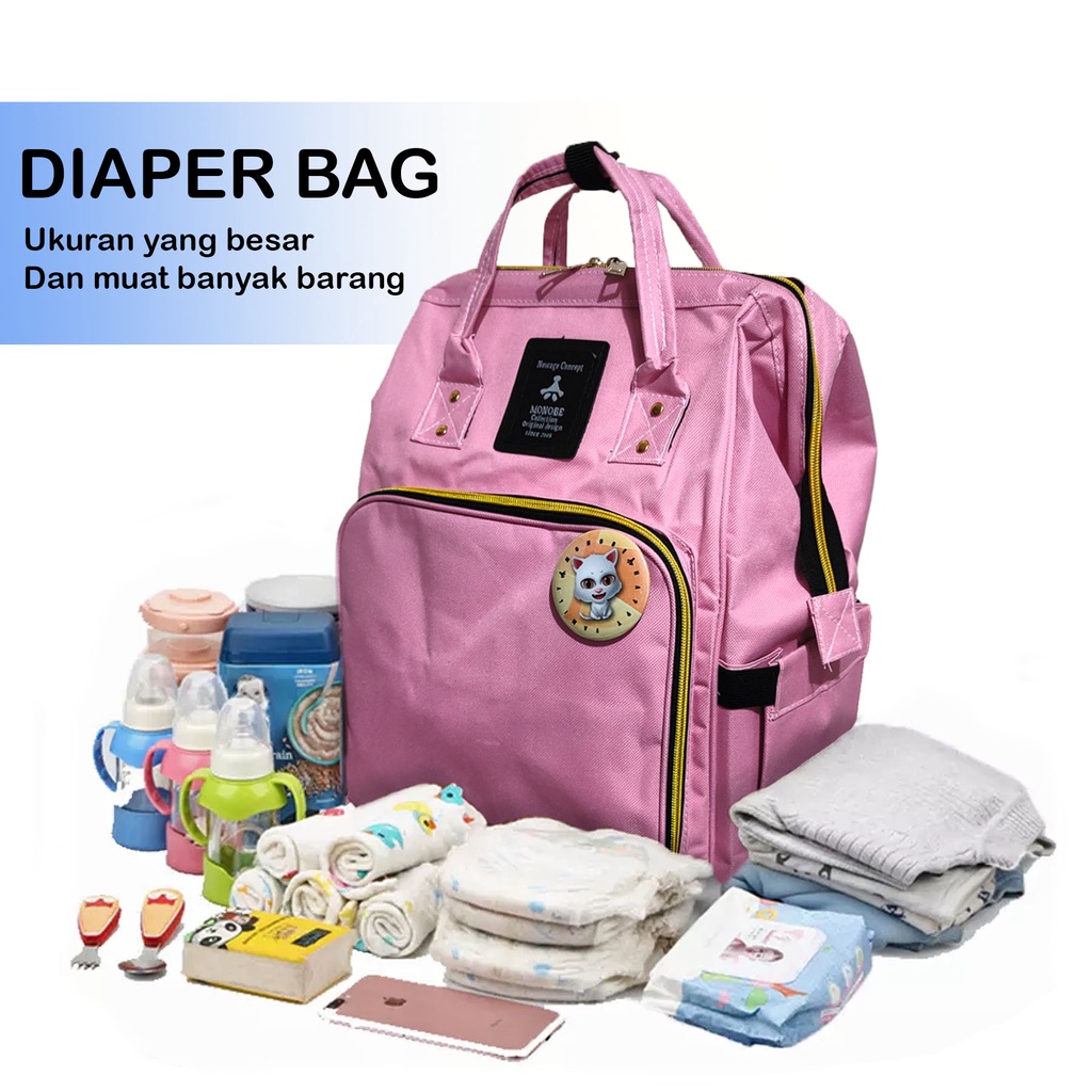 Diaper Bag MONOBE / Tas Ransel Perlengkapan Bayi Model Anello Tempat Botol Dengan Aluminium Foil