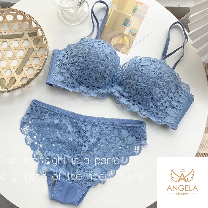 ANGELA JAPAN Bra BH Push Up Set Tanpa Kawat Celana Dalam Olahraga Wanita Cewe Remaja Import Bisa COD-Biru