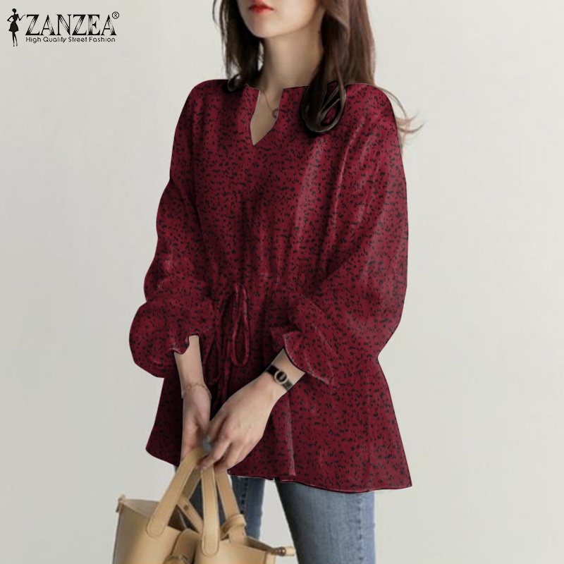 ZANZEA Fashion Women Shirt V Neck Drawstring Waist Printed Full Sleeve Casual Loose Blouse