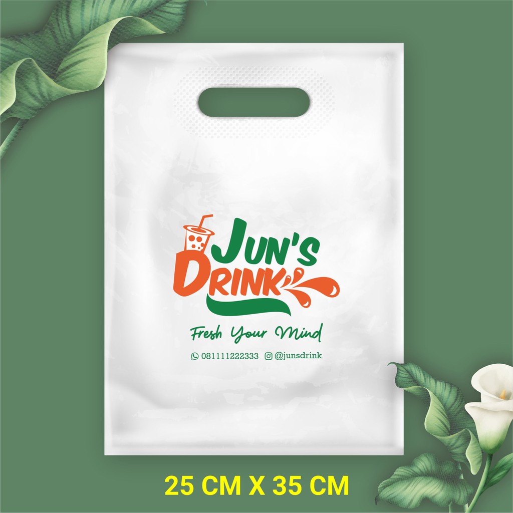 Sablon Plastik Olshop 25x35 Kemasan Jus  2 Warna Jun's Drink Gratis Desain