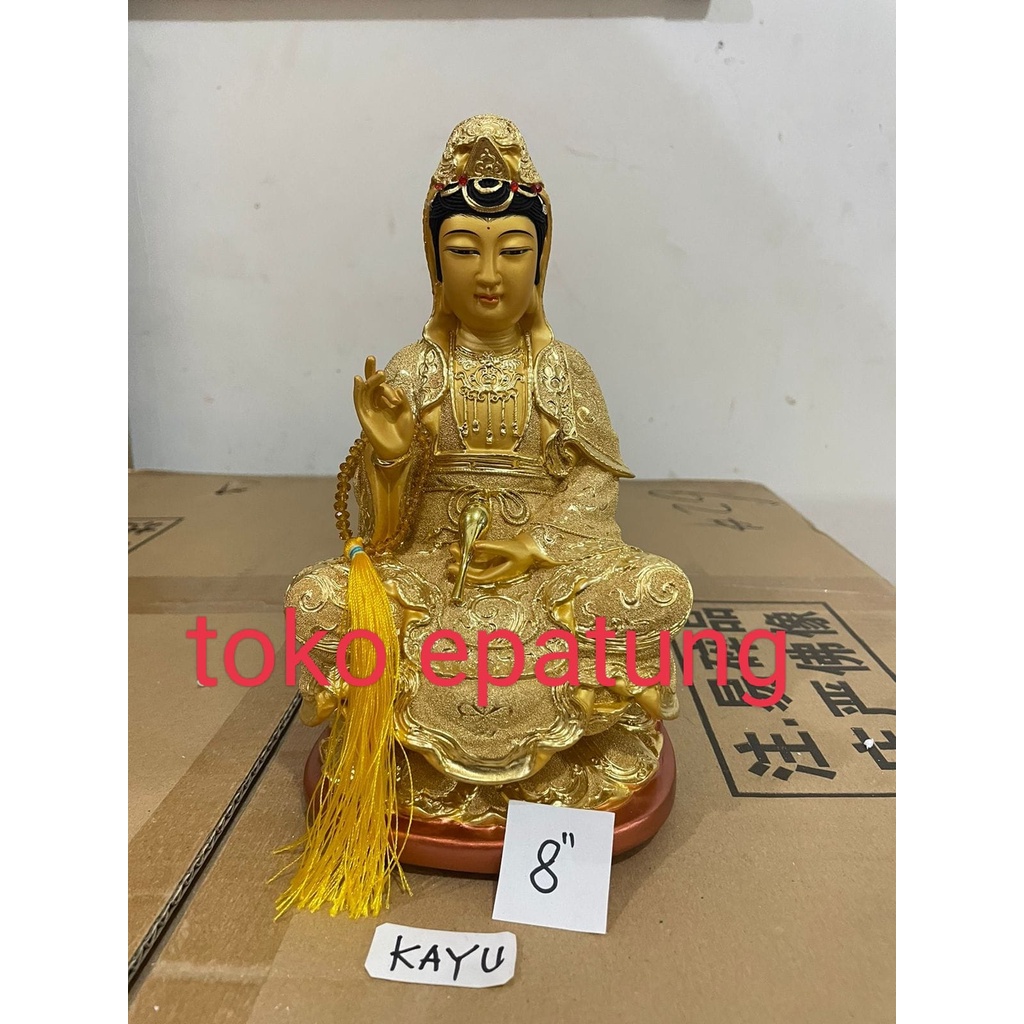 patung dewi kwan im / kwan in / guan yin -kayu -8 inch - emas -2