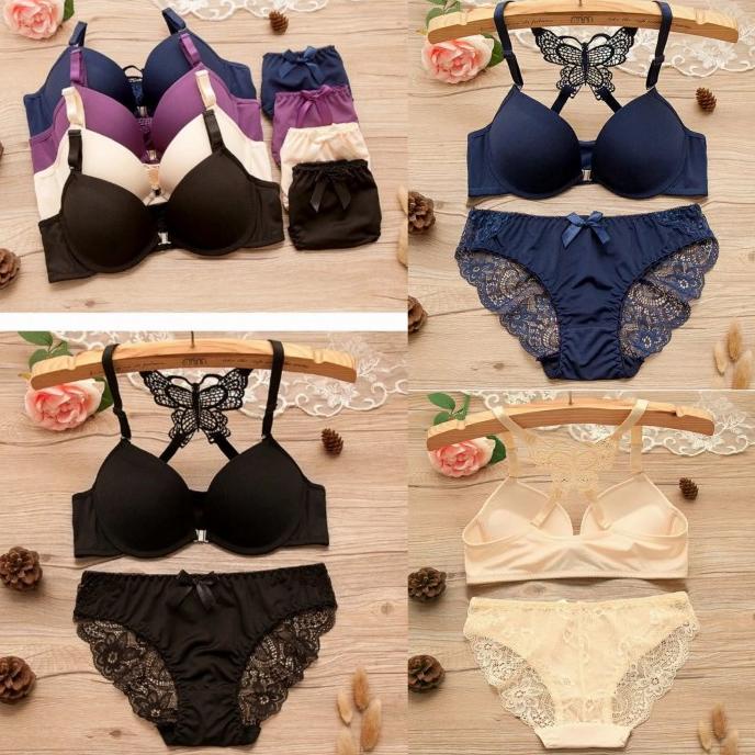 Bra set celana dalam lace renda bh buka depan kupu-kupu wanita 2039